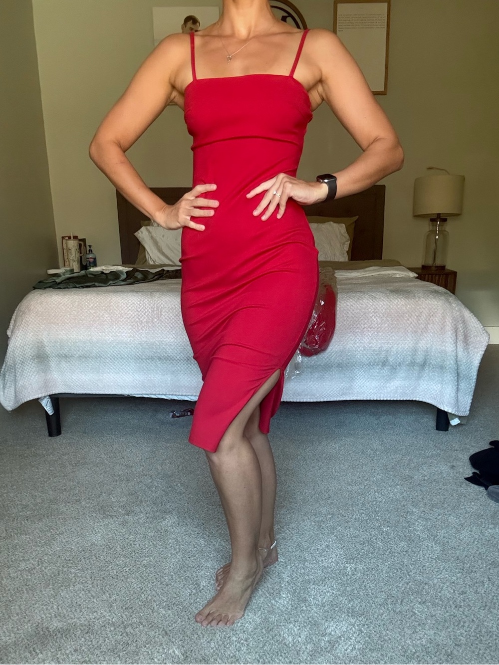 Lulu's Red Spaghetti-Strap Midi Dress with Side Slit